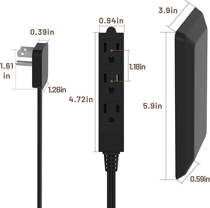 3FT Flat Plug Extension Cord with Ultra Thin Outlet Concealer with Cord Concealer Kit,3 Outlet Power Strip,Universal Size for Home,Bedroom,Kitchen,Bathroom,Office,ETL Listed,Black