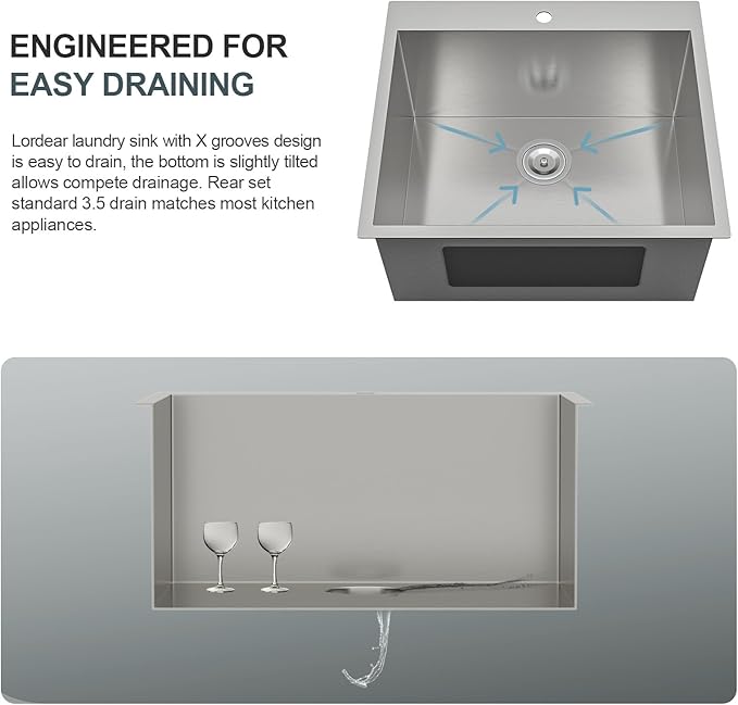 Lordear Drop in Laundry Sink 22"x22"x12" Deep Utility Sink Drop-in Topmount Single Bowl Sink 16 Gauge Stainless Steel Laundry Room Sinks