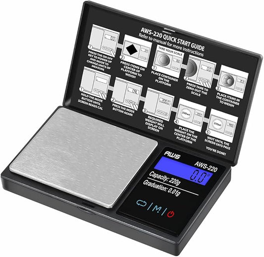American Weigh Scales 220g x 0.01g Digital Pocket Weight Scale | Precision Digital Scale LCD Screen Accurately Measures Jewelry Gemstone Coins, Small Pocket Food Scale, Electronic Medicine Lab Scale