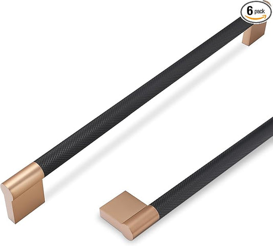 6 Pack 12-5/8 Inch Black and Champagne Copper Cabinet Handles - Knurled Pulls for Kitchen Drawers and Cabinets - Hardware