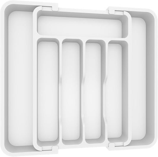Lifewit Silverware Drawer Organizer, Expandable BPA Free Utensil Tray for Kitchen, Adjustable Flatware and Cutlery Holder for Spoons Forks Knives, Plastic Kitchen Organizers and Storage, White