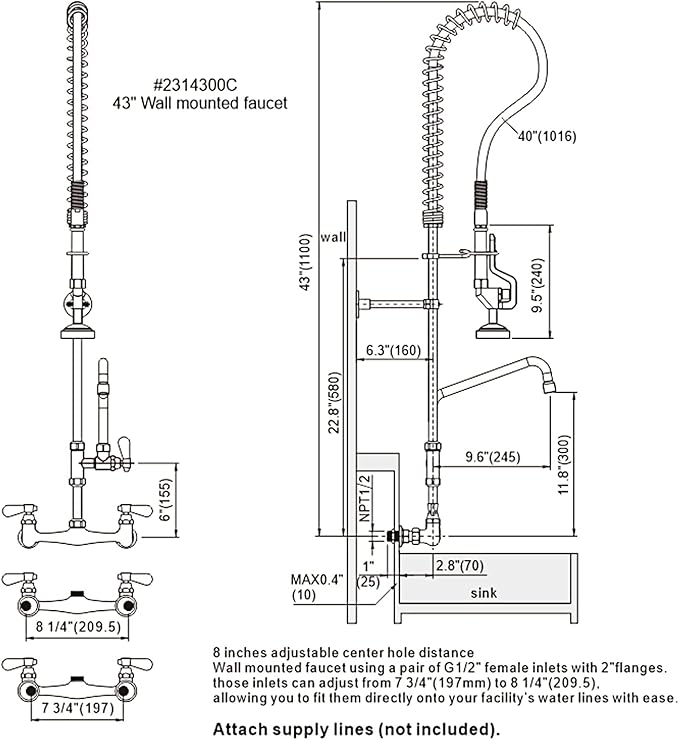 43" Height Commercial Kitchen Sink Faucet with Pre-Rinse Sprayer, 8 Inch Wall Mount Center Sink Faucet with Pull Down Spray Unit, Compartment Sink Faucet with 10" Swivel Spout for Restaurant