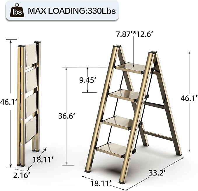 GameGem 4 Step Ladder, Aluminum Folding Step Stool with Anti-Slip Sturdy and Wide Pedal, Lightweight Portable Stepladder for Home and Kitchen Use, Gold, 330 lbs