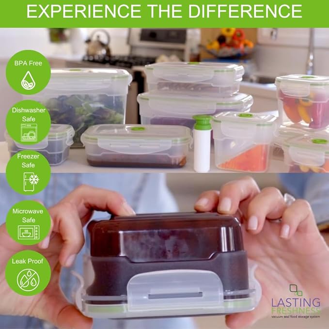 19 piece Vacuum Seal Food Storage Containers with Vacuum Pump, Airtight and Leak Proof, Vacuum Sealed Food Storage Containers, Meal Prep Containers, Keep Food Fresh up to 5 X Longer
