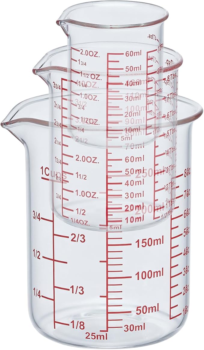 Ackers High Borosilicate Glass Measuring Cup Set with Pour Spout,60ml(2OZ),120ml(4OZ), 250ml(8OZ) Glass Measuring Beaker for Kitchen or Restaurant, Easy to Read