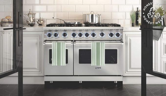 GOTS Certified Organic Cotton Kitchen Hand and Dish Towel Sets - Oversized 20x30 inches, Fully Hemmed, in Designer Colors, 6-Pack, Sage Stripe