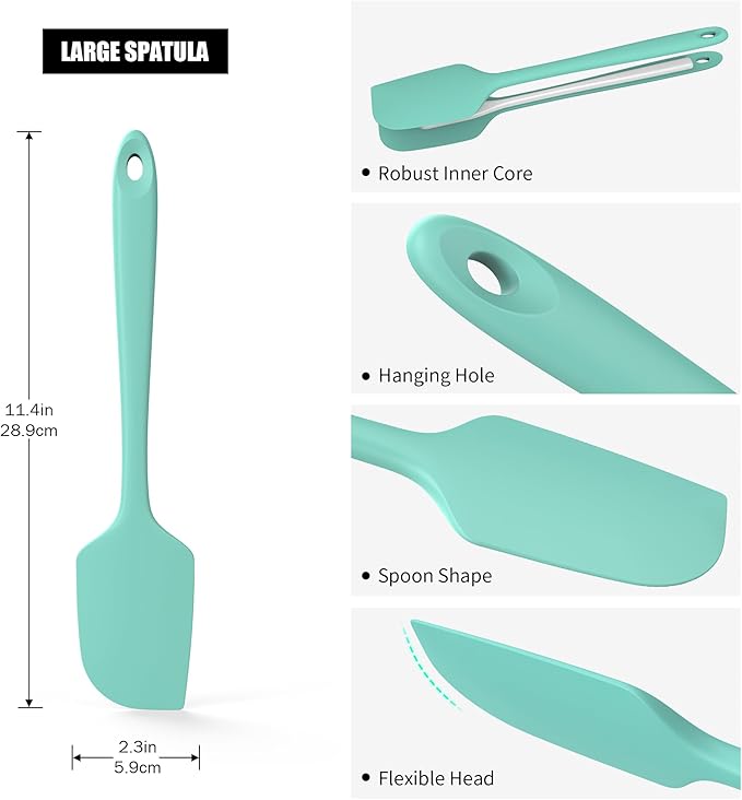 600°F Heat Resistant Silicone Spatula, Doosu High Temp Flexible Kitchen Rubber Bowl Scrapers Food Grade Seamless Baking Supplies Scratch-Proof for Scraping Non-Stick Pans (11.4in, Aqua Sky)