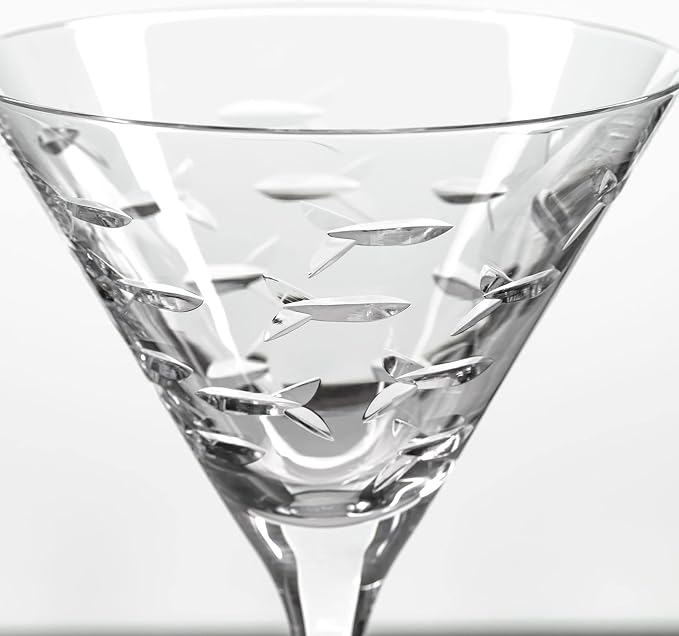 Rolf Glass School of Fish Martini Glass - Set of 4 Stemmed 10 oz. Martini Glasses - Lead-Free Glass - Diamond-Wheel Engraved Cocktail Glasses - Made in the USA