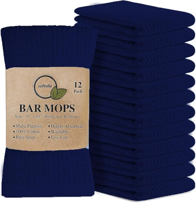 Softolle Bar Mop Towels, Pack of 12-16x19 Inches - 100% Cotton Super Absorbent Towels, Multi-Purpose for Home and Bar Cleaning (Navy Blue)