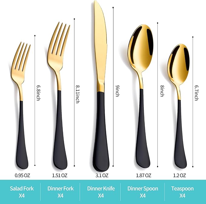 20-Piece Gold and Black Silverware Set for 4, 18/0 Stainless Steel Flatware Cutlery Utensils Set, Include Dinner Knives,Dinner Forks,Dinner Spoons,Salad Forks,Teaspoons,Dishwasher Safe
