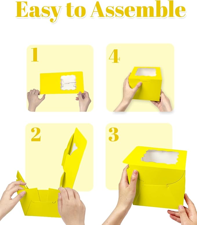 Bakepacker 36pcs 6x6x5 Inches Cake Boxes with Window 18-Packs Yellow Cake Boxes 6 Inch Bakery Boxes (18 Cake Boxes +18 Cake Boards Included)