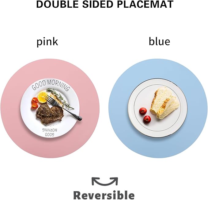 Round Faux Leather Placemats Set of 6,Reversible PU Placemat for Dining Table,Waterproof Table Mats Heat Resistant Wipeable Anti Slip Washable,Modern Table Protectors(Pink and Blue)
