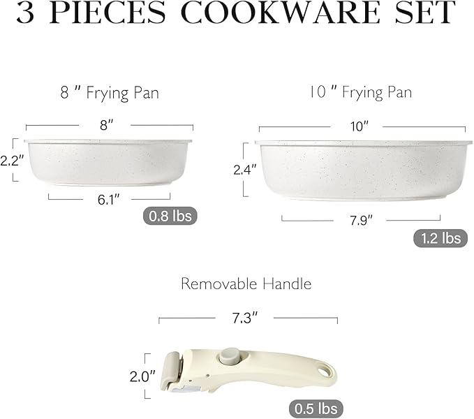 GiPP Non Stick Frying Pans Set Removable Handle, Oven Safe Nonstick Fry Pan Skillets with Detachable Handle, Granite Coating Healthy Cooking Compatible with All Stovetops, PFOA Free, RV Cookware set