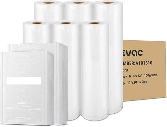 Multi-Size Sealing Solution Vacuum Sealer Bags & Rolls – 100x 6''x10'', 100x 8''x12'', 3 Rolls 11''x20', 3 Rolls 8''x20' – Premium Commercial-Grade for Food Storage, Meal Prep, & Sous Vide, Wevac