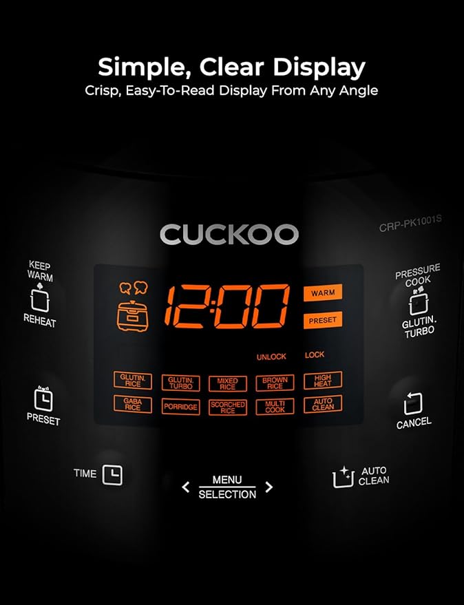 CUCKOO High Pressure Rice Cooker 10-Cup Uncooked / 20-Cup Cooked with Nonstick Inner Pot, Large Rice Maker with 13 Menu Options and Steam Plate, Fuzzy Logic Tech, Auto Clean, Black (CRP-PK1001S)