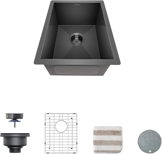 TORVA 15 x 17 Inch Gloss Black Ceramic Coating with NanoTek Undermount Kitchen Sink, PVD Coated Gunmetal Sink16 Gauge Stainless Steel Wet Bar or Prep Sinks Single Bowl, Fits 18" Cabinet,Dark Gray