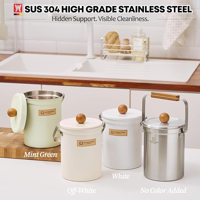 Kitchen Countertop Compost Bin 101Ounces / 3Liter with Airtight Lid, SUS304 Stainless Steel Odor-Free Food Waste Bin with Wooden Handle Stylish Design/Bathroon Trash Can (Mint Green)