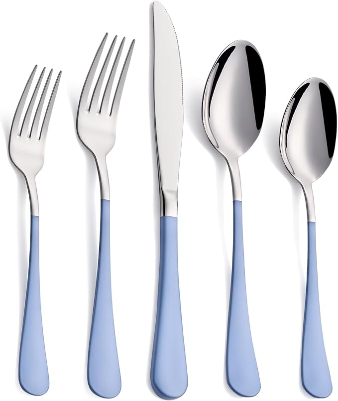 20-Piece Grey Blue Silverware Set, 18/0 Stainless Steel Grey Blue Handle Flatware Set, Service for 4,Modern Cutlery Set Includes Dinner Knives Forks Spoons,Mirror Polished,Dishwasher Safe