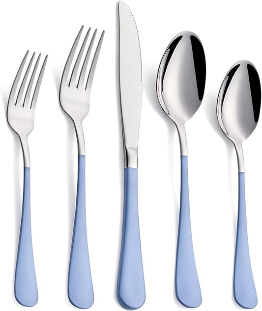 20-Piece Grey Blue Silverware Set, 18/0 Stainless Steel Grey Blue Handle Flatware Set, Service for 4,Modern Cutlery Set Includes Dinner Knives Forks Spoons,Mirror Polished,Dishwasher Safe
