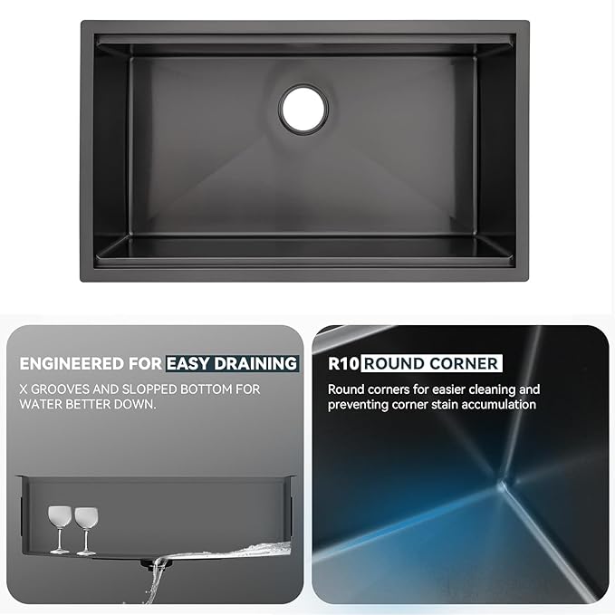 30 Undermount Kitchen Sink Black Stainless Steel - Lordear 30"x19" Kitchen Sink Undermount Gunmetal Black Workstation 16 Gauge Stainless Steel Single Bowl Handmade Sinks Basin
