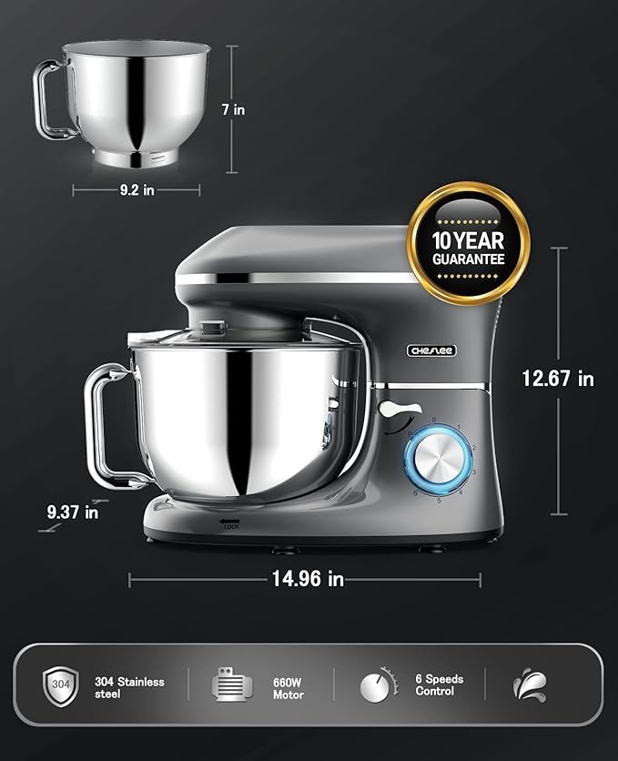 CHeflee Stand Mixer, 6.5 Quart Electric Mixer 6+P Speed 660W Tilt-Head Kitchen Food Mixers with Dough Hook, Mixing Beater, Whisk, & Splash Guard for Baking, Cake, Cookie, Kneading,Grey