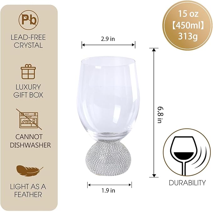 Wine Glasses Set of 4,Stemless Wine Glass,Unbreakable Crystal Fancy Glasses,15 Oz Short Handle Red/White Glasses,Unique Wine Gifts for Women,for Home Bar, Party, Birthday (Silver Clear)