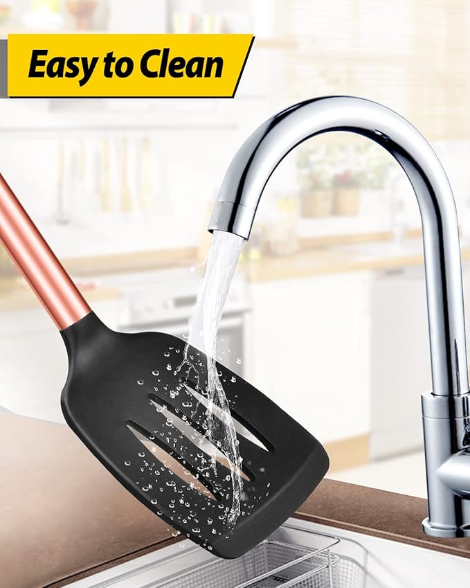 Pack of 2 Silicone Solid Turner, Non Stick Slotted Kitchen Spatulas, High Heat Resistant BPA Free Cooking Utensils, Ideal Cookware for Fish, Eggs, Pancakes(Rose Gold Black)