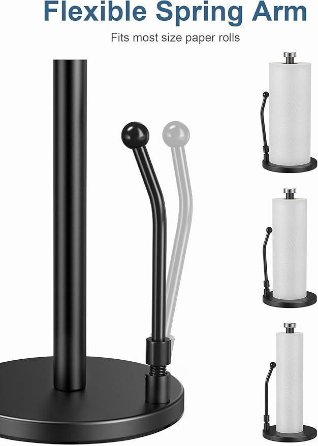 SMARTAKE Paper Towel Holder, Paper Towel Dispenser Standing Weighted Base Non Slip, Spring Arm Fit Most Size Paper Roll, Stainless Steel Paper Towel Holder for Home Kitchen Countertop Tabletop, Black
