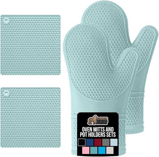 GORILLA GRIP BPA-Free Soft Silicone Oven Mitts and Pot Holders Sets of 4, Heat Resistant Waterproof Cooking Gloves, Thick Cotton Lining, Flexible Gripping for Baking Grilling, Kitchen Trivets, Mint