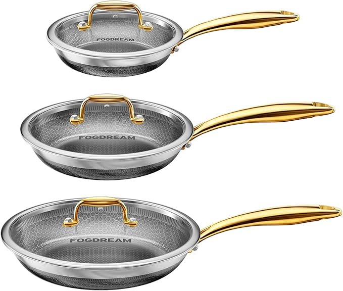 Fogdream 6PCS Pots and Pans Set Non Stick, Stainless Steel Pan with Lid, Dishwasher and Oven-Safe Frying Pan, PFOA Free and Induction Compatible Cookware Set, Gold