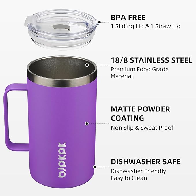 BJPKPK Insulated Coffee Mug with 2 Lids, 25oz Stainless Steel Insulated Tumbler with Handle, Double Wall Vacuum Coffee Cups, BPA Free Travel Mug for Coffee, Tea and Drinks, Purple