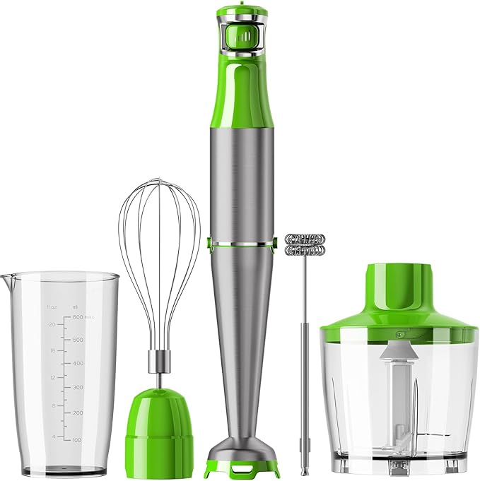 Immersion Blender Handheld Corded Hand Blenders Set 1100W, Trigger Variable Speed 5 in 1 Stick Emulsifier with Chopper, Whisk and Frother for Soup, Baby Food and Smoothies, Apple Green