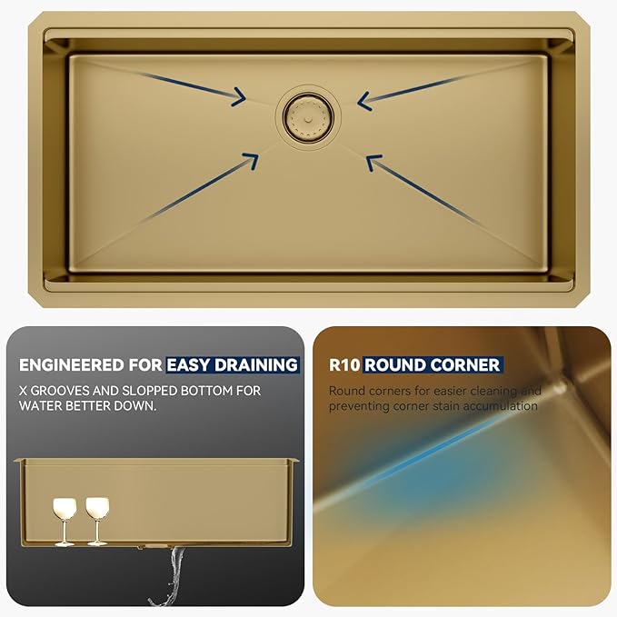 Lordear Gold Undermount Kitchen Sink 36" x 19" Stainless Steel Sinks 16 Gauge Single Bowl Ledge Workstation Handmade Under Counter Kitchen Sink Basin with Built-In Accessories