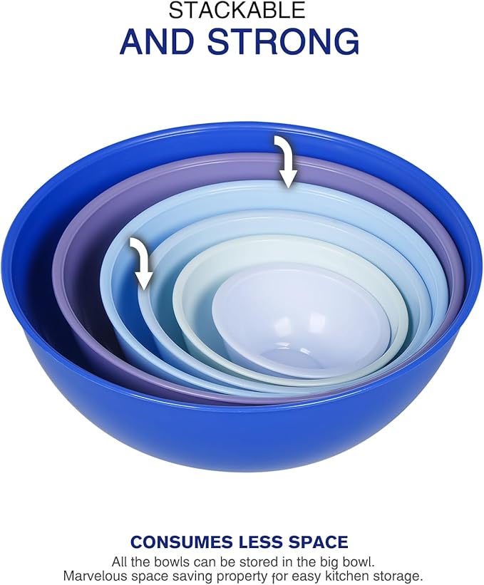 6-Piece Plastic Mixing Bowl Set with Lids for Kitchen, Nesting Storage Bowls for Baking, Prepping,Cooking and Serving Food, Dishwasher, Microwave Safe,Great for Mixing & Serving,Dark blue
