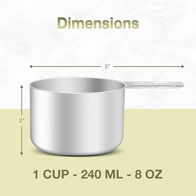 1PCS 1Cup (240ml, 8oz) Single Measuring Cup, Etched Inner Scale Stainless Steel Measure Scoop, Metric and US Measurement, Dishwasher Safe
