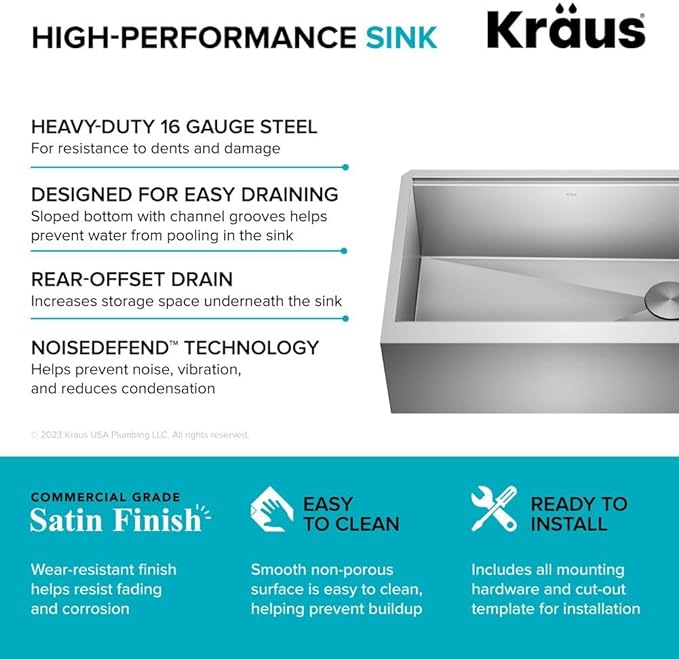 Kraus Kore 30-Inch Farmhouse Workstation with In Sink Dish Drying Rack, Stainless Steel Kitchen Sink, KWF410-30