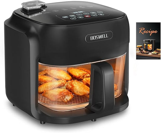 BOSWELL Steam Glass Air Fryer, 7.5QT Borosilicate Bowl with Circulating Heat, Digital Touchscreen, 400°F Max Temp, Oil-Free Fryer with Mist Function, Dishwasher Safe (Black)