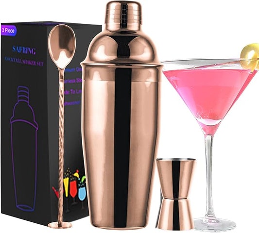 24oz Cocktail Shaker Bar Set, Martini Shaker with Built-In Strainer, Measuring Jigger, Mixing Spoon, Professional Stainless Steel Large Bartender Drink Shaker Margarita alcohol Mixer-Rose Gold