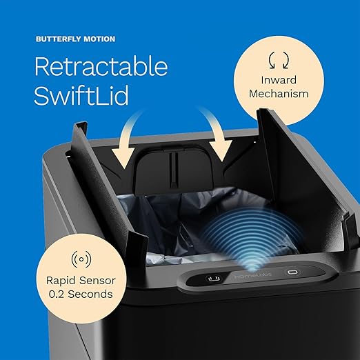 hOmeLabs - 13 Gallon Kitchen Trash Can - Retractable Automatic Sensor Butterfly Lid, Space-Saving Design, Easy to Clean, Battery-Operated with Batteries Included - Matte Black