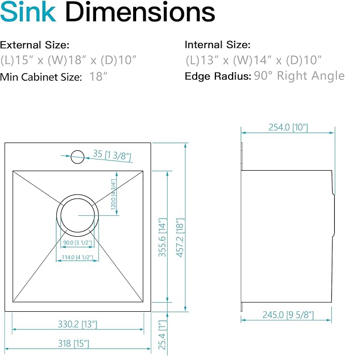 15 Black Drop In Kitchen Bar Sink, ZDHHT 15 x 18 x 10 Inches 16 Gauge T304 Black Stainless Steel Topmount Small Kitchen Sink Bar Prep Outdoor Sink RV Sink