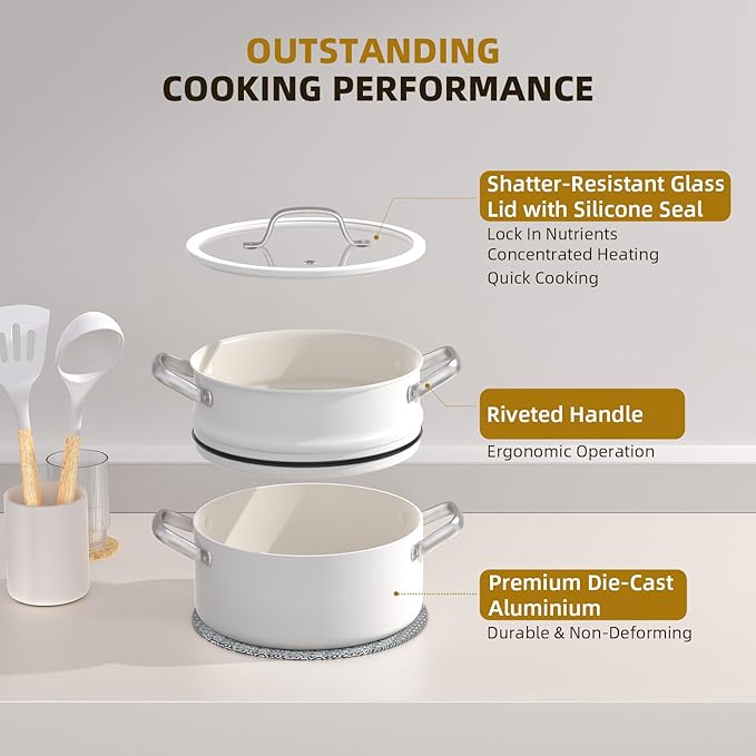 15 Pcs Pots and Pans Set Non Stick, Ceramic Cookware Set with Steamer, Non-Toxic Kitchen Cooking Set with Stay-Cool Ergonomic Handles, Oven & Dishwasher Safe, PFOS & PFOA Free (Cream White)