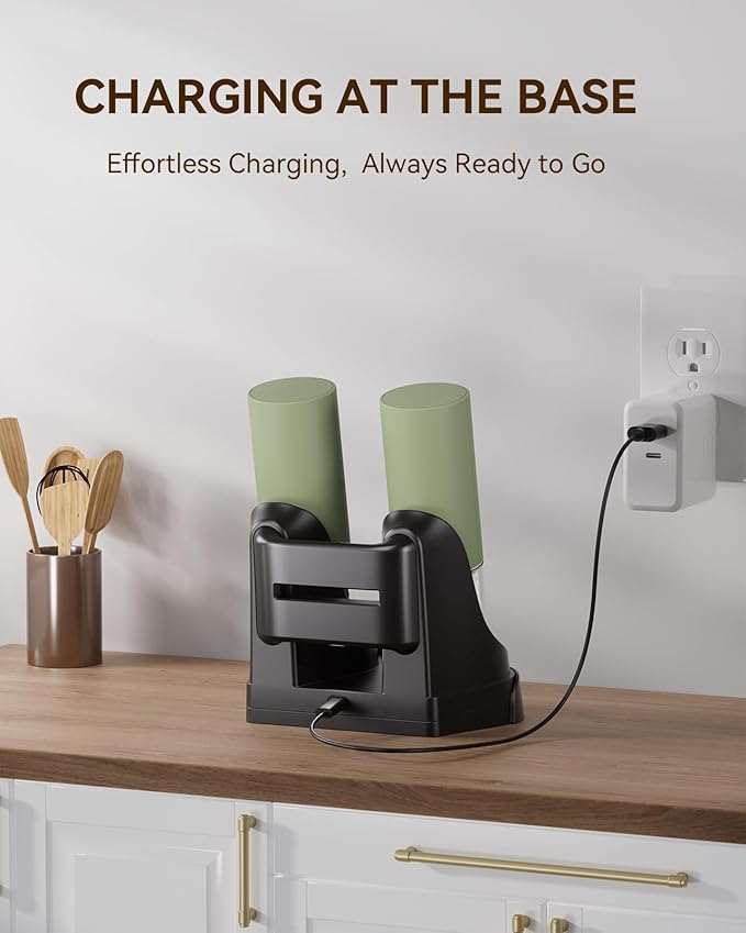 Electric Salt and Pepper Grinder Set with Dual Charging Base, 6 Adjustable Coarseness Levels & External Grind Settings, One-handed Operation Salt and Pepper Mills with LED Light,Green