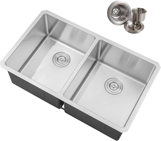 32 in. x 19 in. x 10 in. 16-Gauge Stainless Steel Undermount 50/50 Double Bowl Kitchen Sink with Strainers