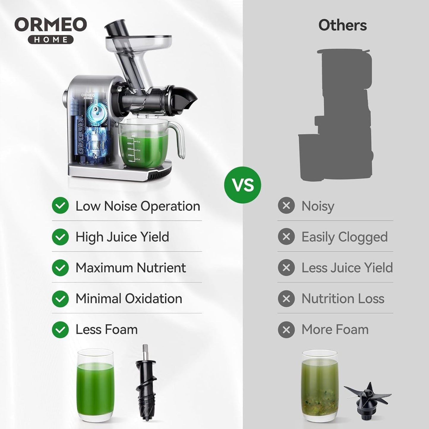 Juicer Machines,ORMEO HOME Cold Press Juicer with 3.60"Large Feed Chute For Vegetable and Fruit,Slow Masticating Juicers Easy to Clean,Quiet Motor,BPA-Free,High Juice Yield(Updated)