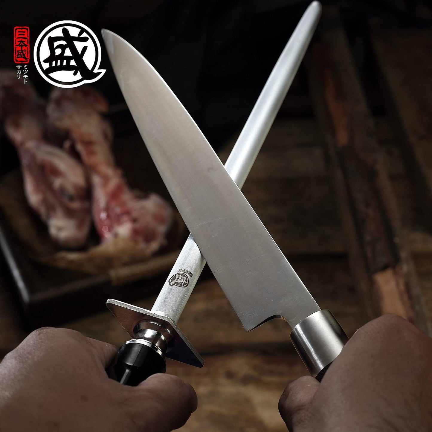 MITSUMOTO SAKARI 12 inch Japanese Honing Steel - Flat Diamond Knife Sharpening Rod, Professional High Carbon Sharpener with ABS Handle & Powerful Magnet