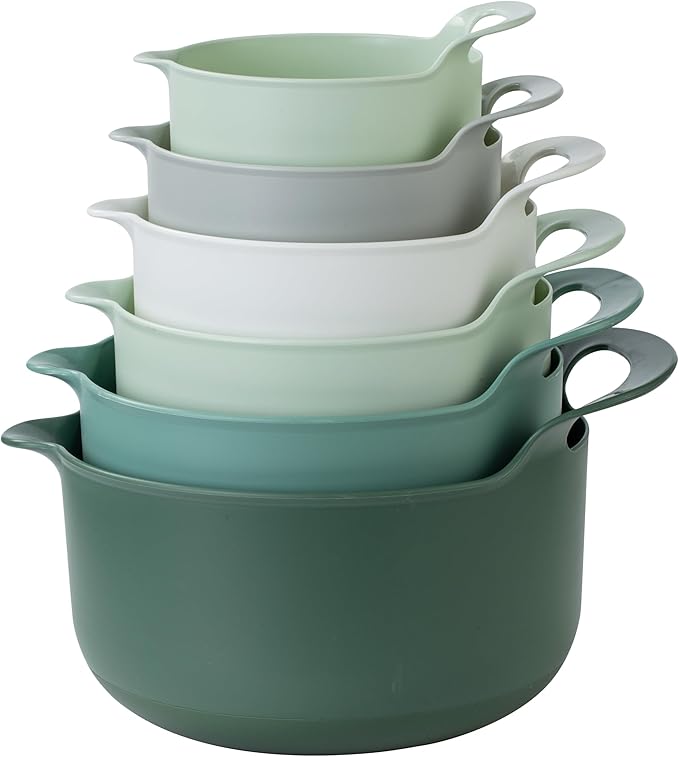 COOK WITH COLOR Nesting Plastic Mixing Bowl Set with Pour Spouts and Handles, Sage, 6 Piece Non-Slip