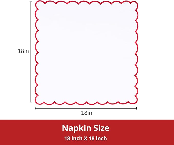 PurpleEssences Scalloped Embroidery Cloth Napkins Christmas Holiday Winter Table Decor 100% Cotton Set of 4-18 x 18 inch - White - Edges - Red
