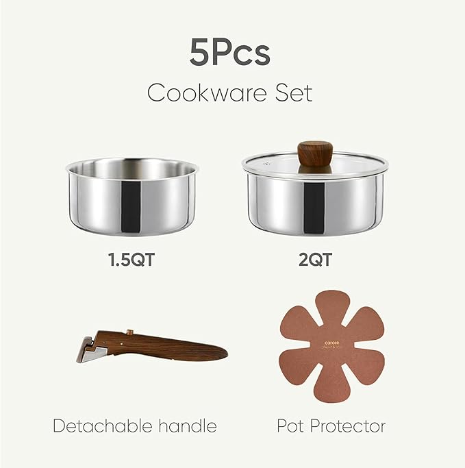 CAROTE Stainless Steel Sauce Pan with Detachable Handle, 5pcs Stainless Steel Pot, 1.5QT&2QT Saucepan with Lid, Non-Toxic Induction Kitchen Cookware, Removable Handle, Oven Safe, Woodgrain
