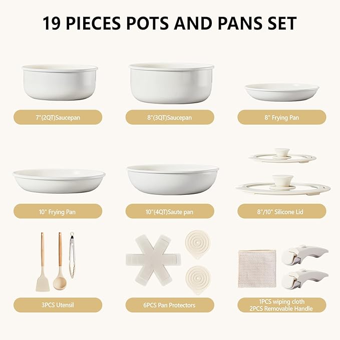 ROVSUN 19 Pcs Nonstick Pots and Pans Set, Cast Aluminum Kitchen Cookware Set with Detachable Handles, RV Kitchen Cooking Set and Utensils, Dishwasher Safe, PFAS PFOA & PFOS Free, Cream White