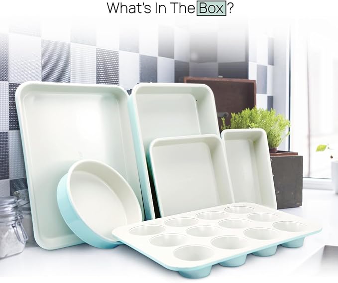 NutriChef 6-Piece Baking Pan Set, Carbon Steel Bakeware with Premium Ceramic Nonstick Coating, Includes 12-Cup Muffin Pan, Cake & Loaf Pan, Wide Bake Pan, & Cookie Sheet - Turquoise